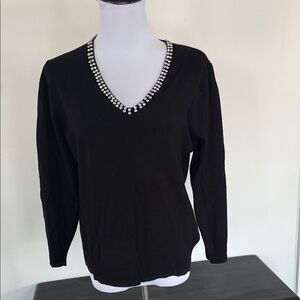 NWOT Black V-Neck Sweater with Embellished Neckline